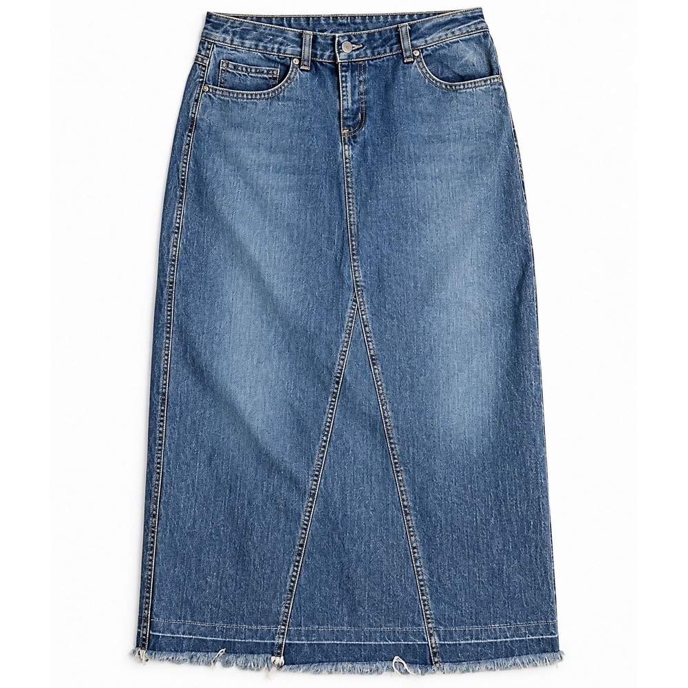 Baccini Denim Midi Skirt Women Size 10 Blue Medium Wash Raw Hem Y2K 90s Style